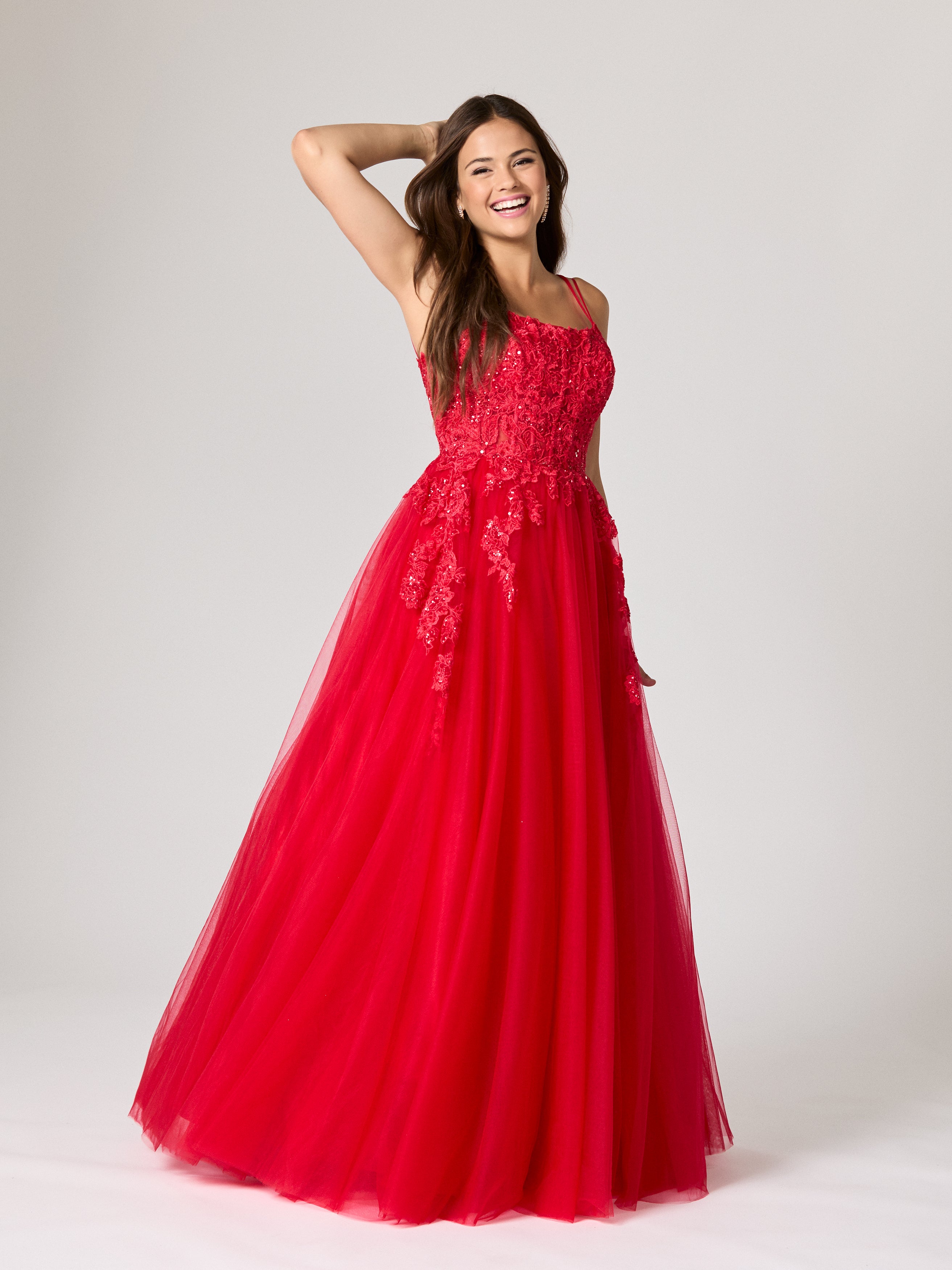 fitted lace wedding dress Tiffany's Prom Luisa Red – The Dress Studio