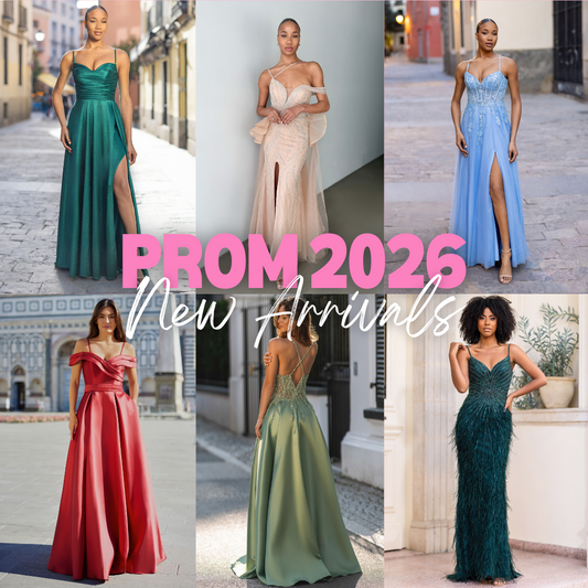 A collage showcasing six models in stunning prom dresses for Prom 2026. Styles include shimmering fabrics, bold colors, and elegant silhouettes like off-the-shoulder, strappy, and feathered gowns. Text reads "Prom 2026 New Arrivals."