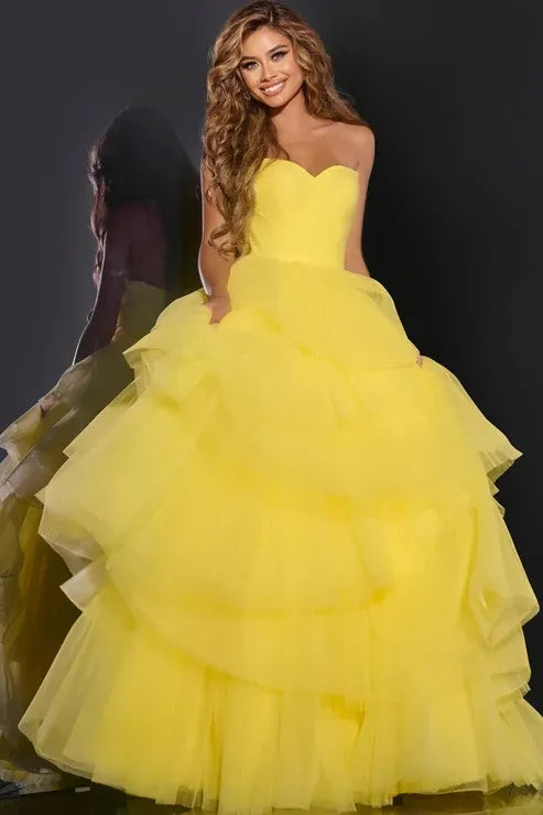 Women wearing ball Jovani Yellow Dress