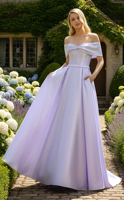 Front view of Gino Cerruti 6703M light pink off shoulder gown