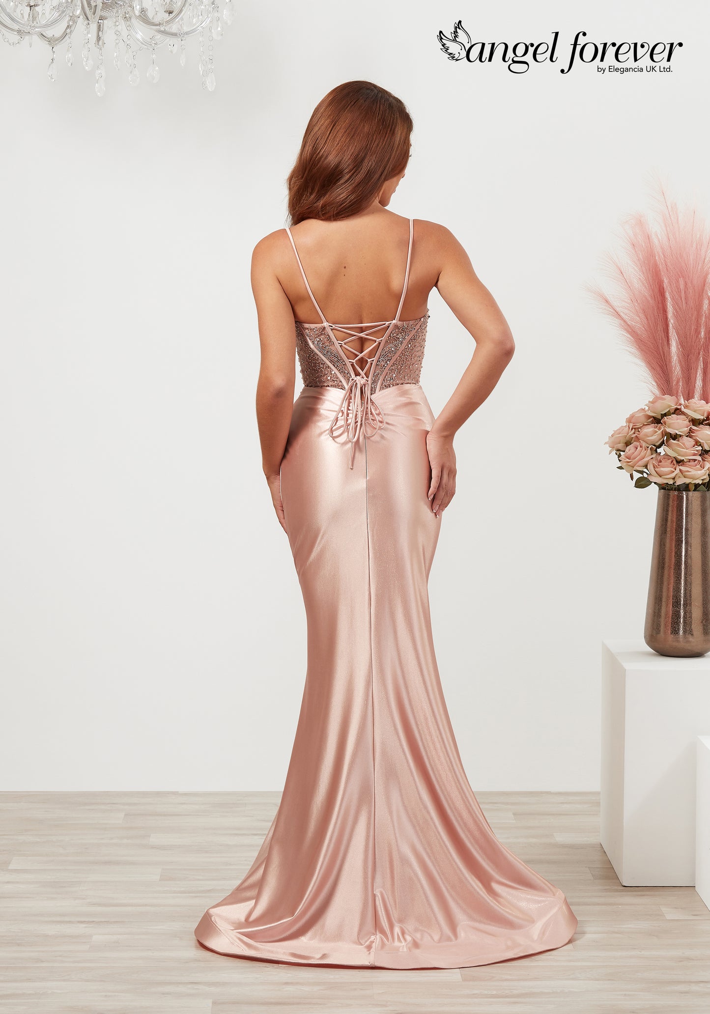 Back view of Angel Forever AF6442 rose gold evening dress