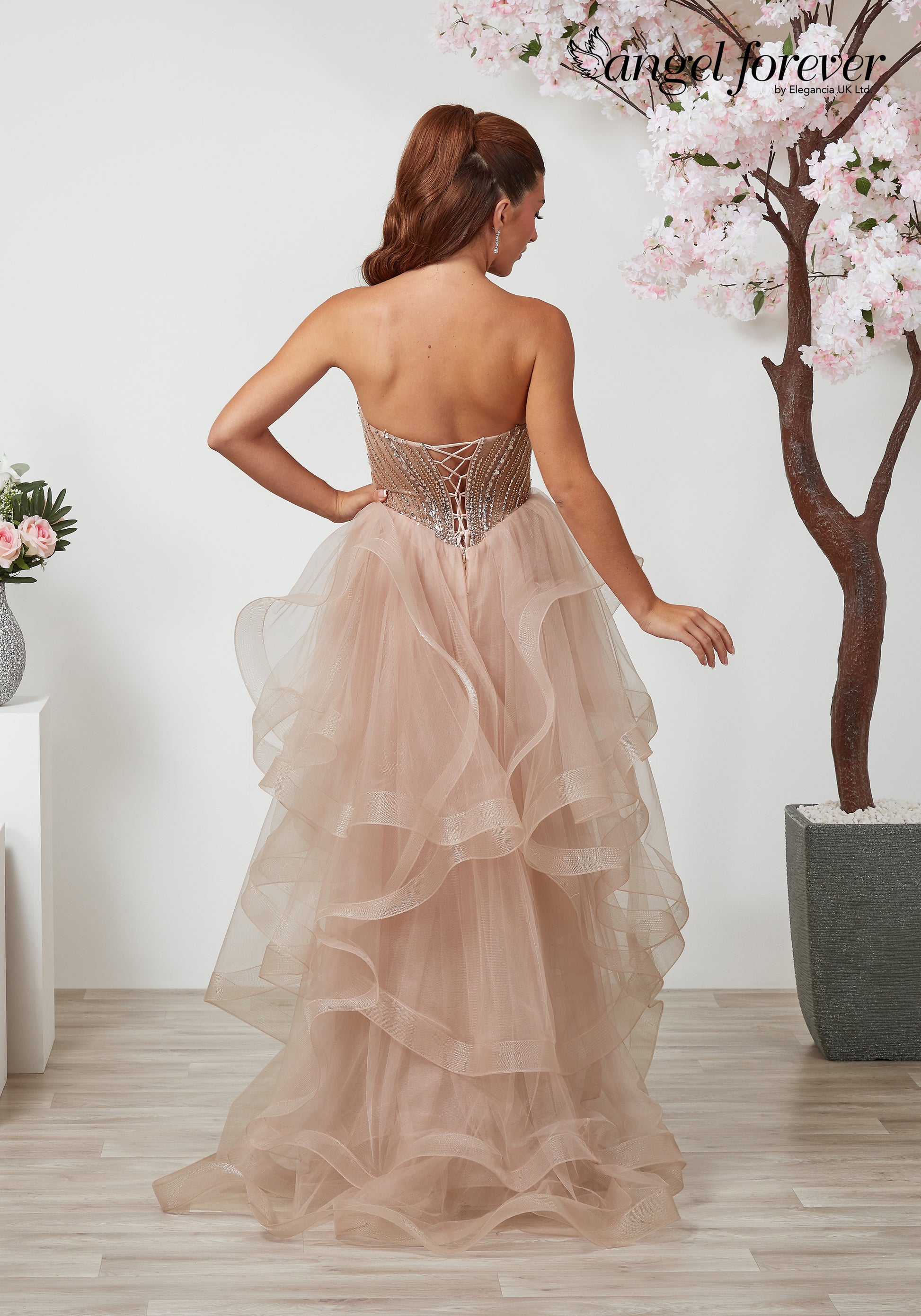 Back view of Angel Forever AF6492 rose prom dress