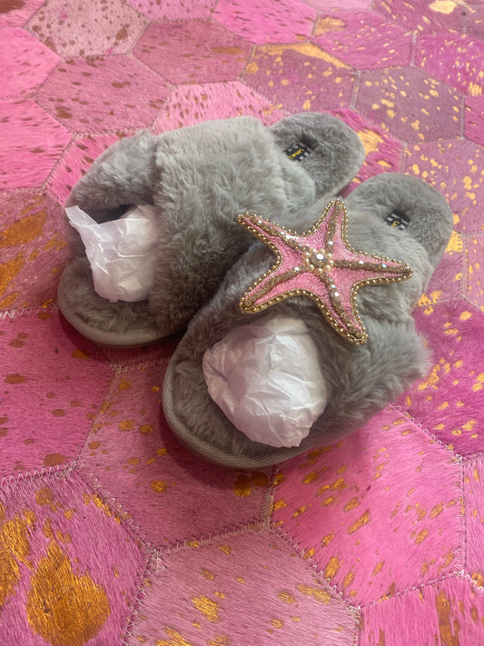 Laines London grey fluffy slippers with pink starfish brooch