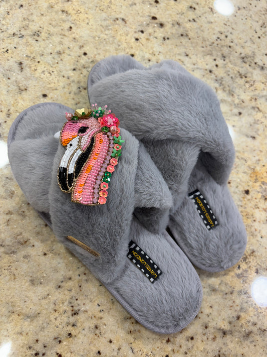 Laines London grey fluffy slippers with flamingo brooch