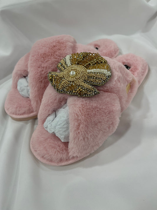 Laines London Pink Fluffy slippers with Pearl Oyster Brooch