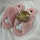 Laines London Pink Fluffy slippers with Pearl Oyster Brooch