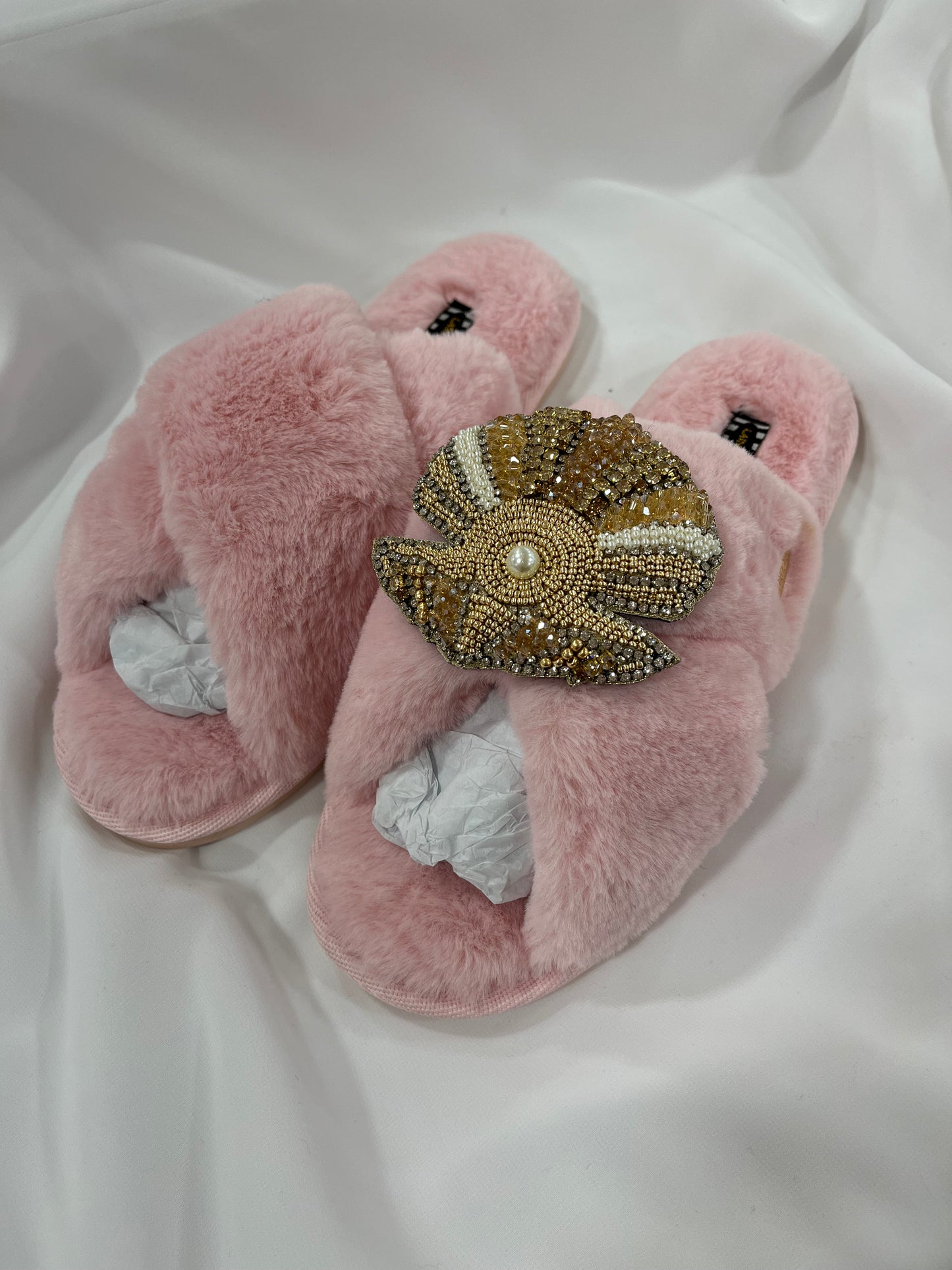 Laines London Pink Fluffy slippers with Pearl Oyster Brooch