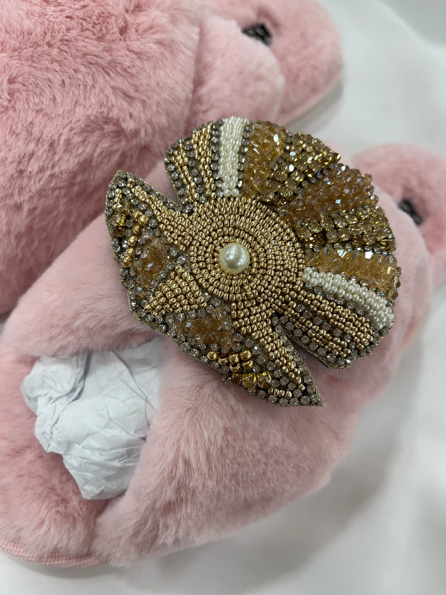 Laines London Pink Fluffy slippers with Pearl Oyster Brooch