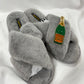 Laines London grey fluffy slippers with champagne brooch