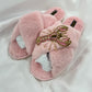 Laines London pink fluffy slippers with pink and gold lobster