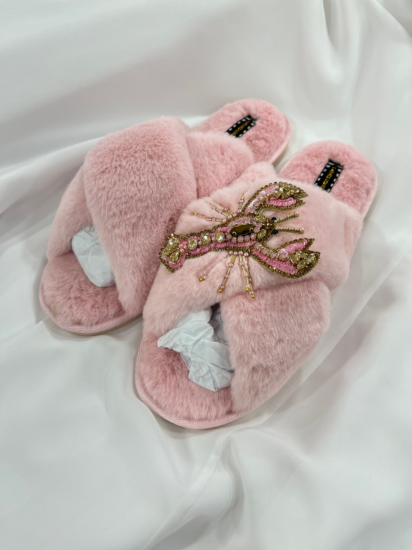 Laines London pink fluffy slippers with pink and gold lobster