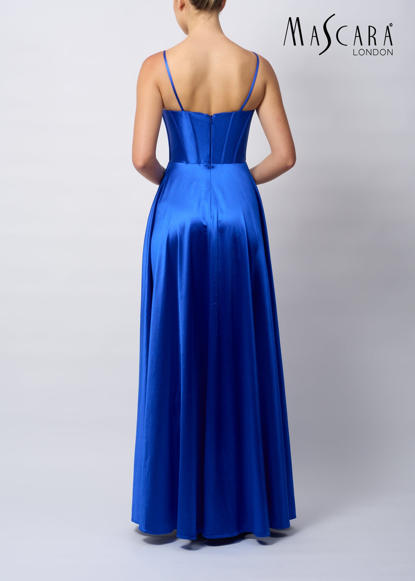 Back view girl wearing Mascara MC12429 Baby Blue satin gown