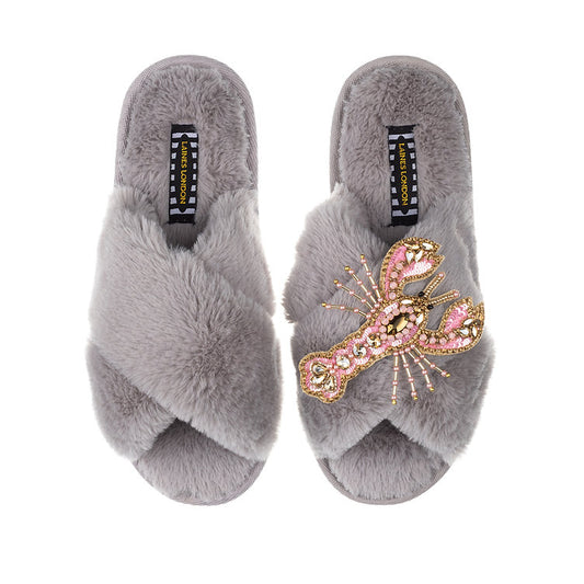 Laines London grey fluffy slippers with pink lobster brooch