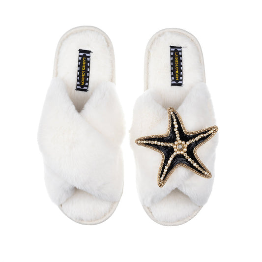 Laines London cream fluffy slippers with black and gold starfish