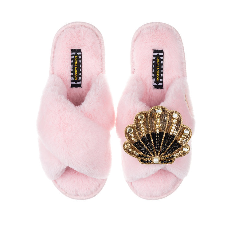 Laines London pink fluffy slippers with gold and black sea shell brooch